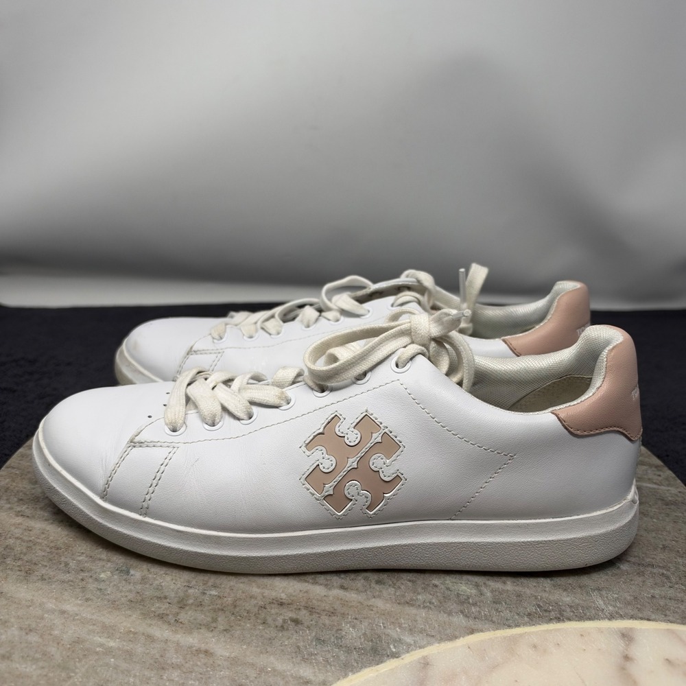 Tory Burch Howell Court Sneakers Womens 9.5 White Pink Leather Logo 149728
